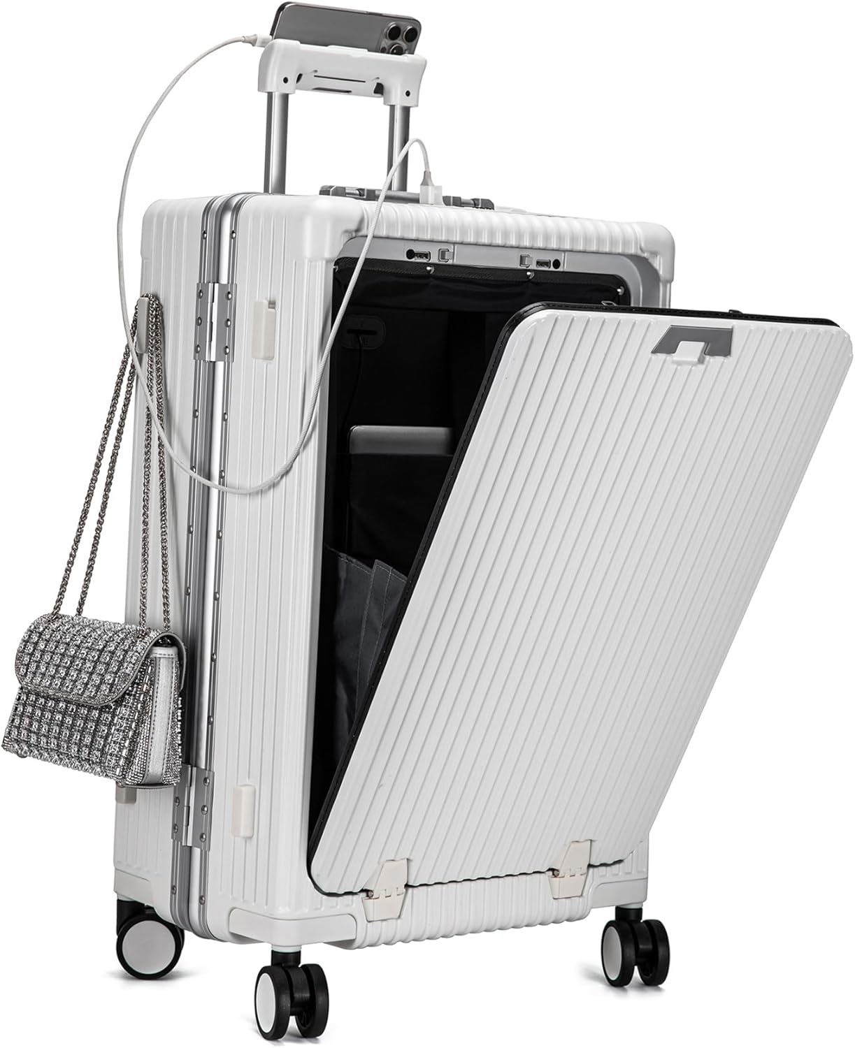Aluminum Frame Smart Carry-On Luggage – Front-Opening PC Hard Shell Suitcase with USB Ports, Cup Holder & Phone Mount