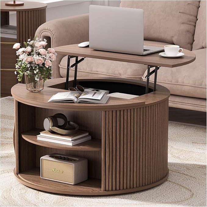 31.5" Modern Fluted Drum Coffee Table – Functional Lift-Top & Concealed Storage
