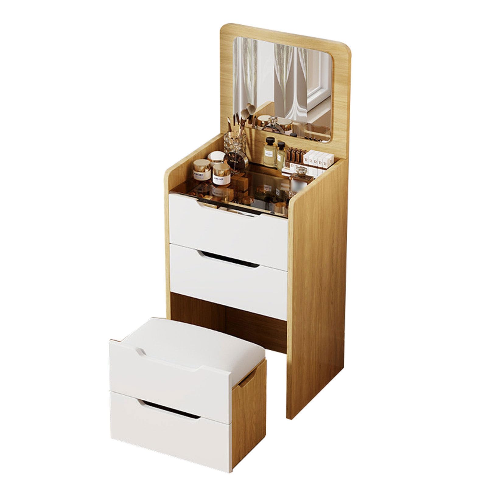 3-in 1 Integrated Vanity Dresser Combo, Flip Over Vanity Desk with Mirror and Lights, Modern Small Compact Makeup Vanity with Hidden Stool for Bedroom