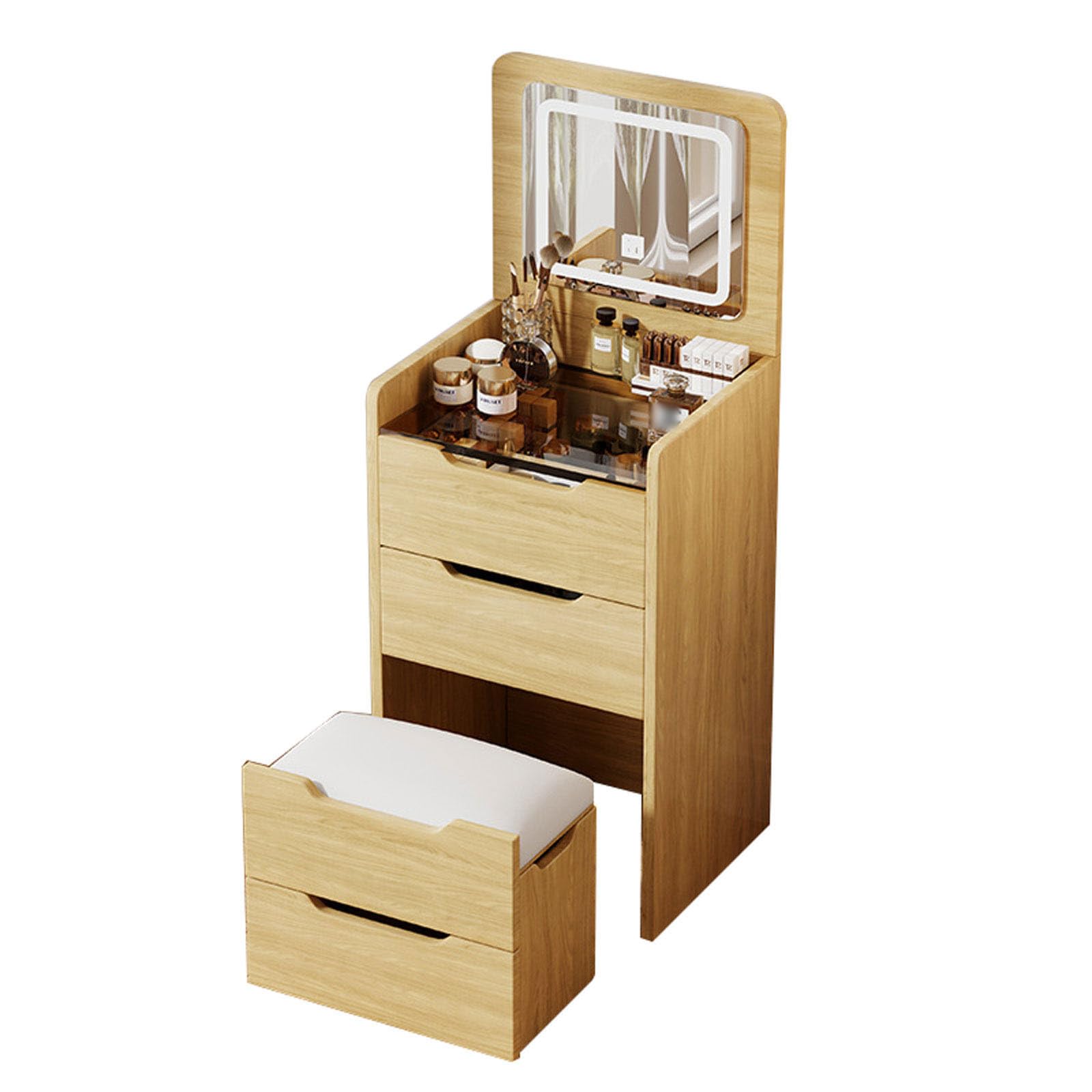 3-in 1 Integrated Vanity Dresser Combo, Flip Over Vanity Desk with Mirror and Lights, Modern Small Compact Makeup Vanity with Hidden Stool for Bedroom
