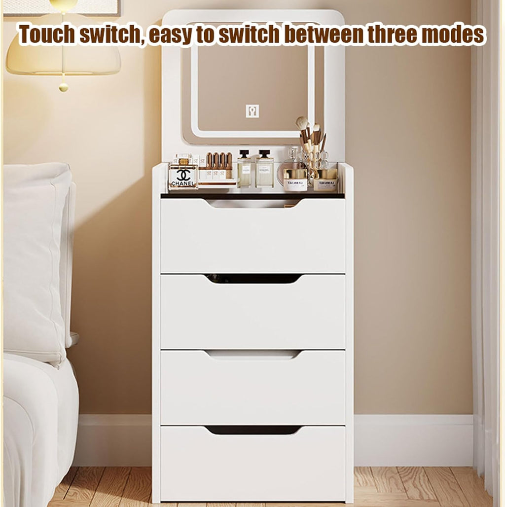 3-in 1 Integrated Vanity Dresser Combo, Flip Over Vanity Desk with Mirror and Lights, Modern Small Compact Makeup Vanity with Hidden Stool for Bedroom