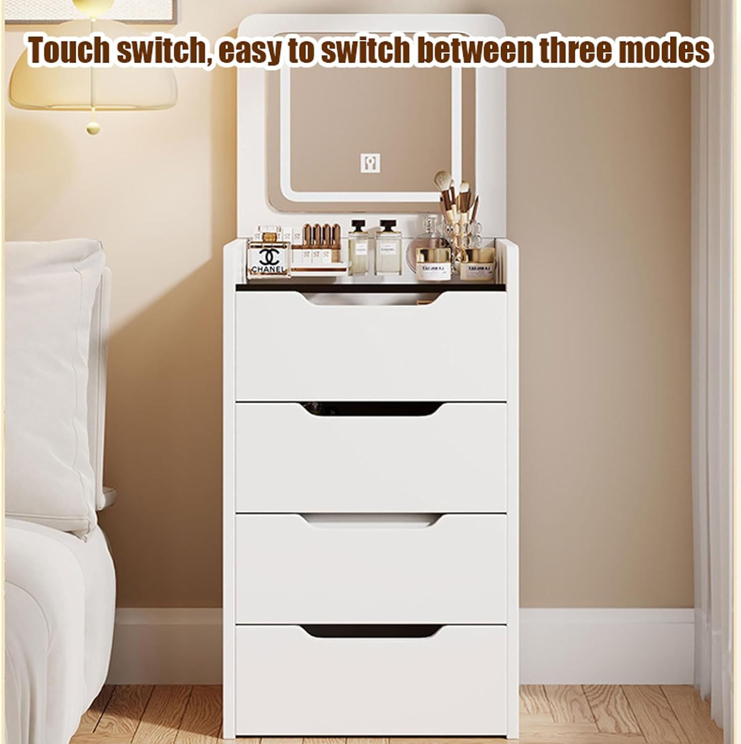 3-in 1 Integrated Vanity Dresser Combo, Flip Over Vanity Desk with Mirror and Lights, Modern Small Compact Makeup Vanity with Hidden Stool for Bedroom