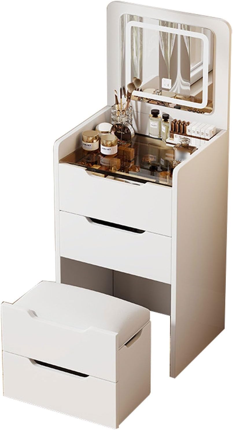 3-in 1 Integrated Vanity Dresser Combo, Flip Over Vanity Desk with Mirror and Lights, Modern Small Compact Makeup Vanity with Hidden Stool for Bedroom