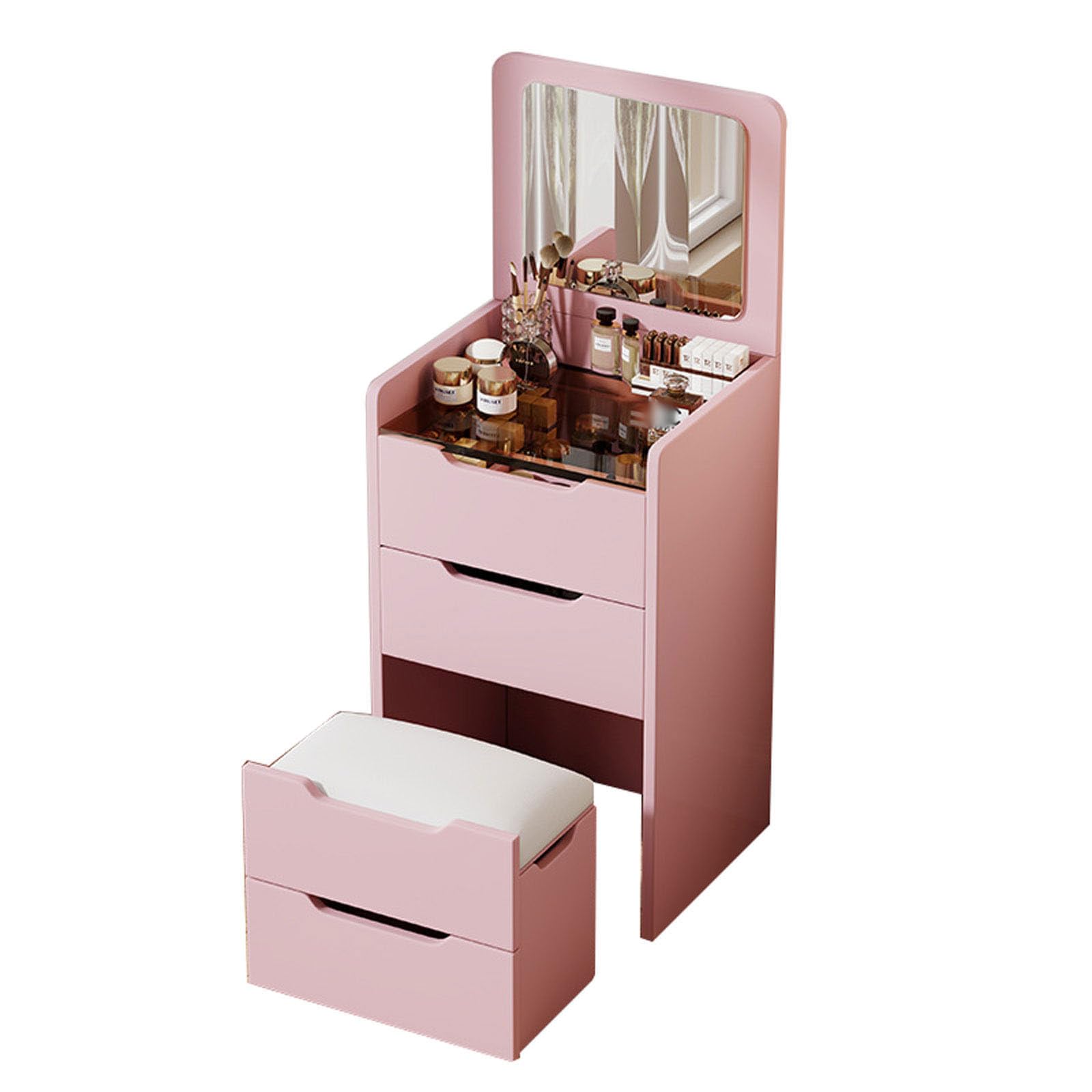 3-in 1 Integrated Vanity Dresser Combo, Flip Over Vanity Desk with Mirror and Lights, Modern Small Compact Makeup Vanity with Hidden Stool for Bedroom