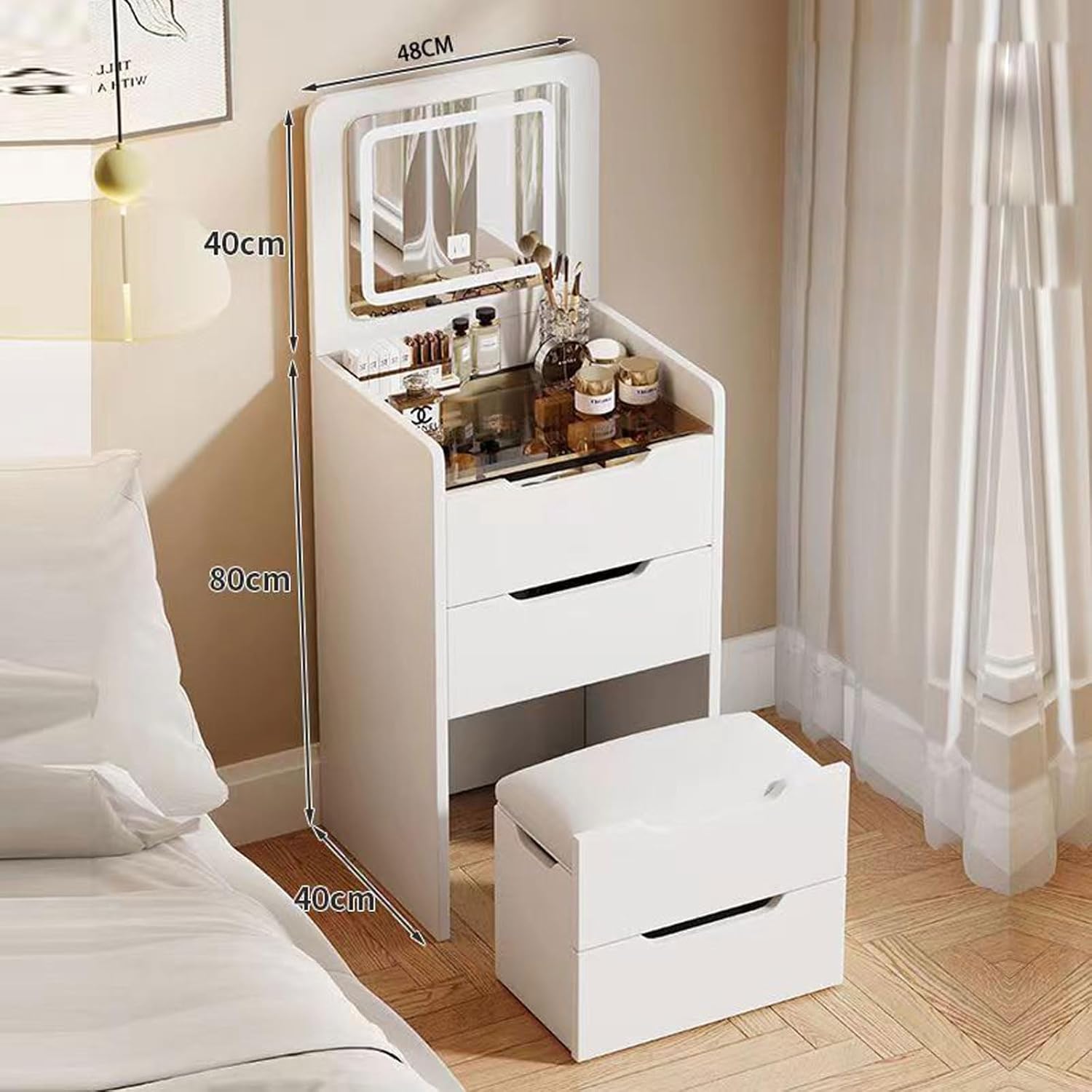3-in 1 Integrated Vanity Dresser Combo, Flip Over Vanity Desk with Mirror and Lights, Modern Small Compact Makeup Vanity with Hidden Stool for Bedroom