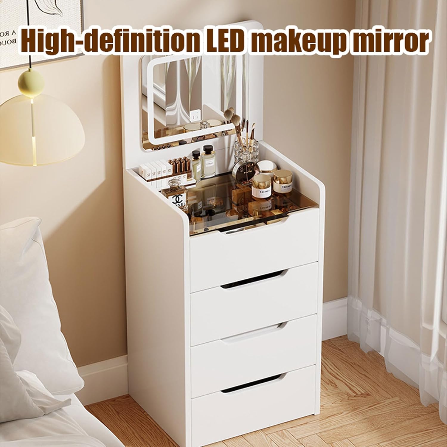 3-in 1 Integrated Vanity Dresser Combo, Flip Over Vanity Desk with Mirror and Lights, Modern Small Compact Makeup Vanity with Hidden Stool for Bedroom