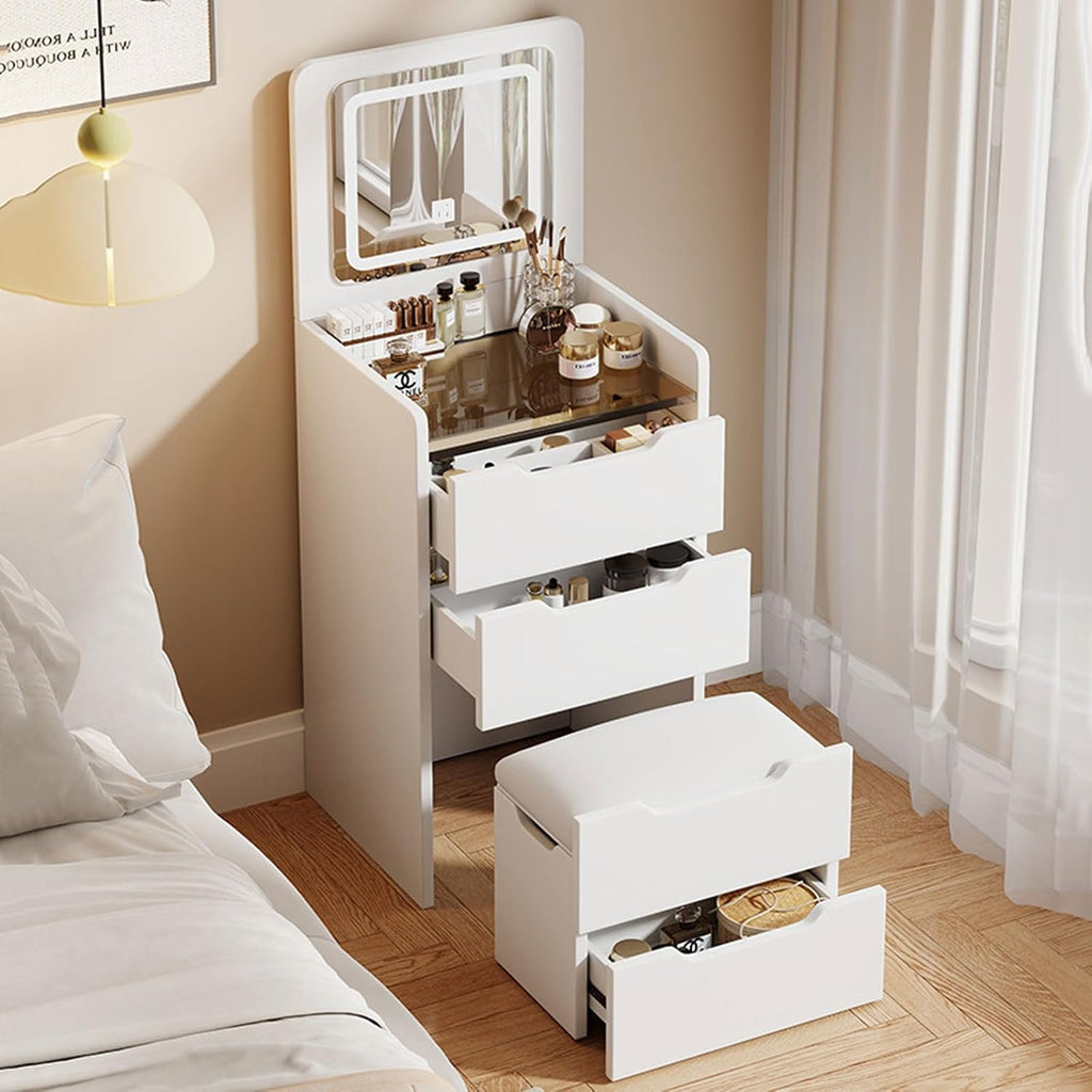 3-in 1 Integrated Vanity Dresser Combo, Flip Over Vanity Desk with Mirror and Lights, Modern Small Compact Makeup Vanity with Hidden Stool for Bedroom